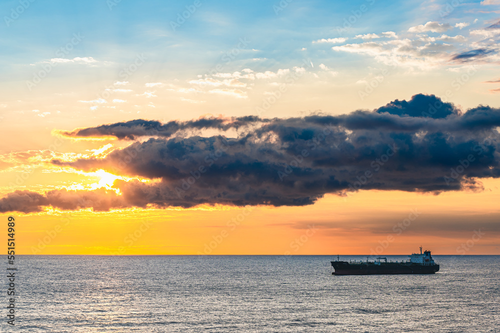 Oil Tanker Ship at Mediterranean Sea at sunrise, Barcelona, Spain, Europe