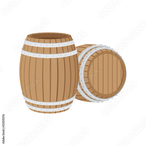 Barrels. Wooden kegs group hand drawn illustration. Realistic oak casks. Part of set. 