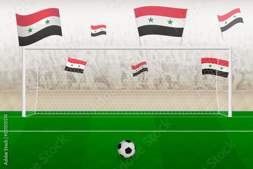 Syria football team fans with flags of Syria cheering on stadium, penalty kick concept in a soccer match.