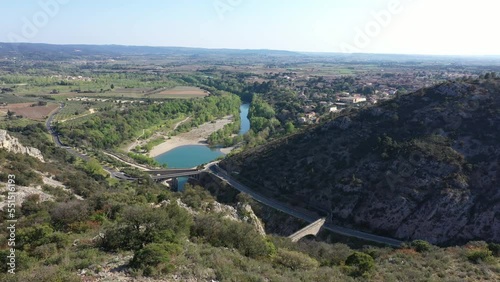 Discovering herault river with bridges pont du diable aerial view sunny day Saint jean de Fos photo