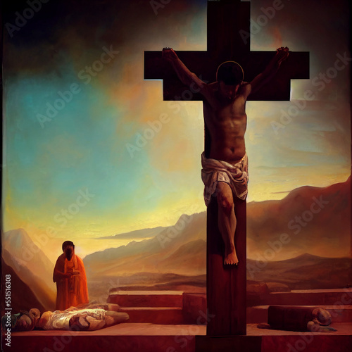 Slika na platnu Symbol of Christianity. Cross, crucifix and people around.