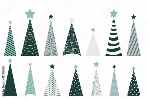 Christmas or new year collection with Scandinavian style Christmas trees in green and gray tones. Forest texture doodles for holiday design greeting cards, fabric or wrapping paper