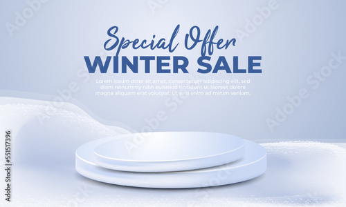 Winter Product Sale podium on the background, snowflakes and snow