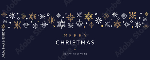 様々な雪の結晶で飾られたクリスマスホリデーバナー広告テンプレート（青）　Christmas holiday banner ad template decorated with various snowflakes (blue)