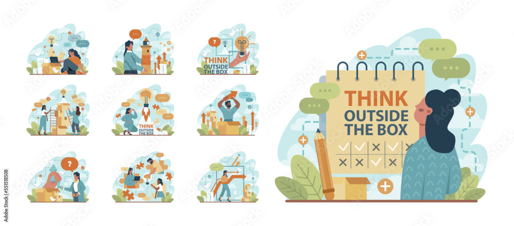 Think outside the box concept set. Idea of creative thinking and innovation.