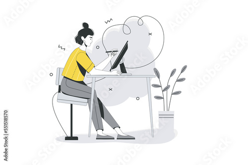 Design studio flat line concept. Woman illustrator drawing on graphics tablet and working on creative art project in office. Illustration with outline people scene for web banner design