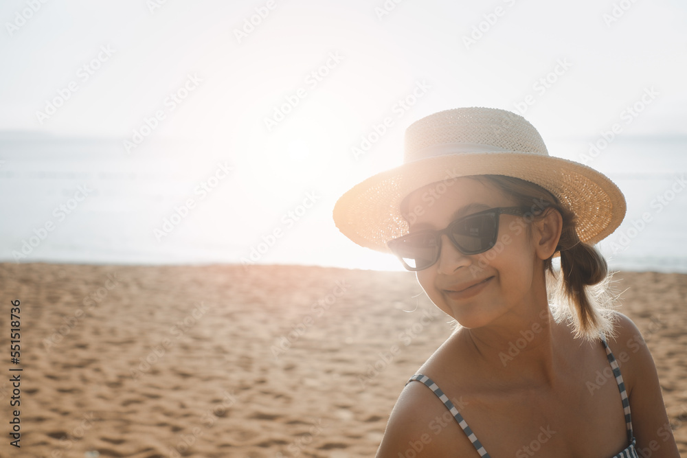 young beautiful woman happy on sunset beach, playful, running, indie style, summer vacation and having fun. positive mood romantic. silhouette.