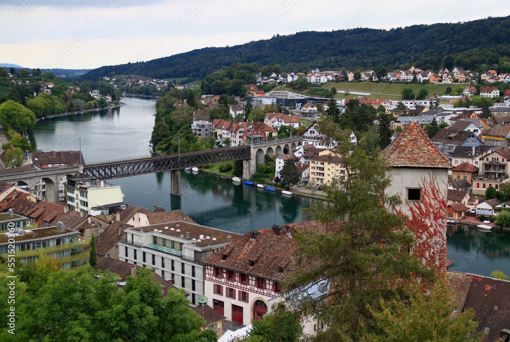 View of the river Rhine (Rhein), the iron arch bridge across it and the buildings in Schaffhausen, in northern Switzerland