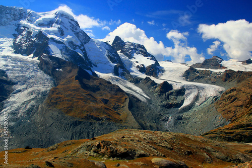 View of the mountain range and snow-white Matterhorn glacier from Mount Gornergrat near Zermatt in southern Switzerland