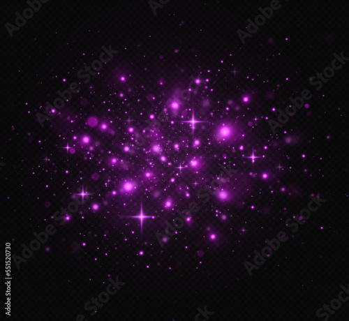 Purple shiny stars. Sparkling magic dust particles. Purple sparks and stars glitter special light effect.