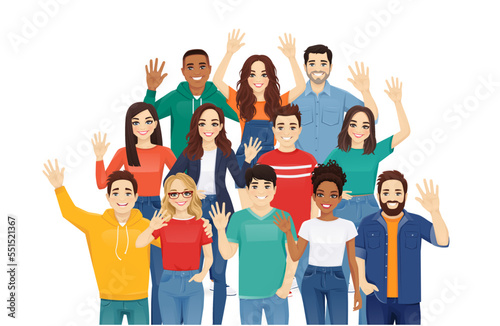 Multiethnic young diversity people wave hands. Asian, african and caucasian students standing together isolated vector illustration