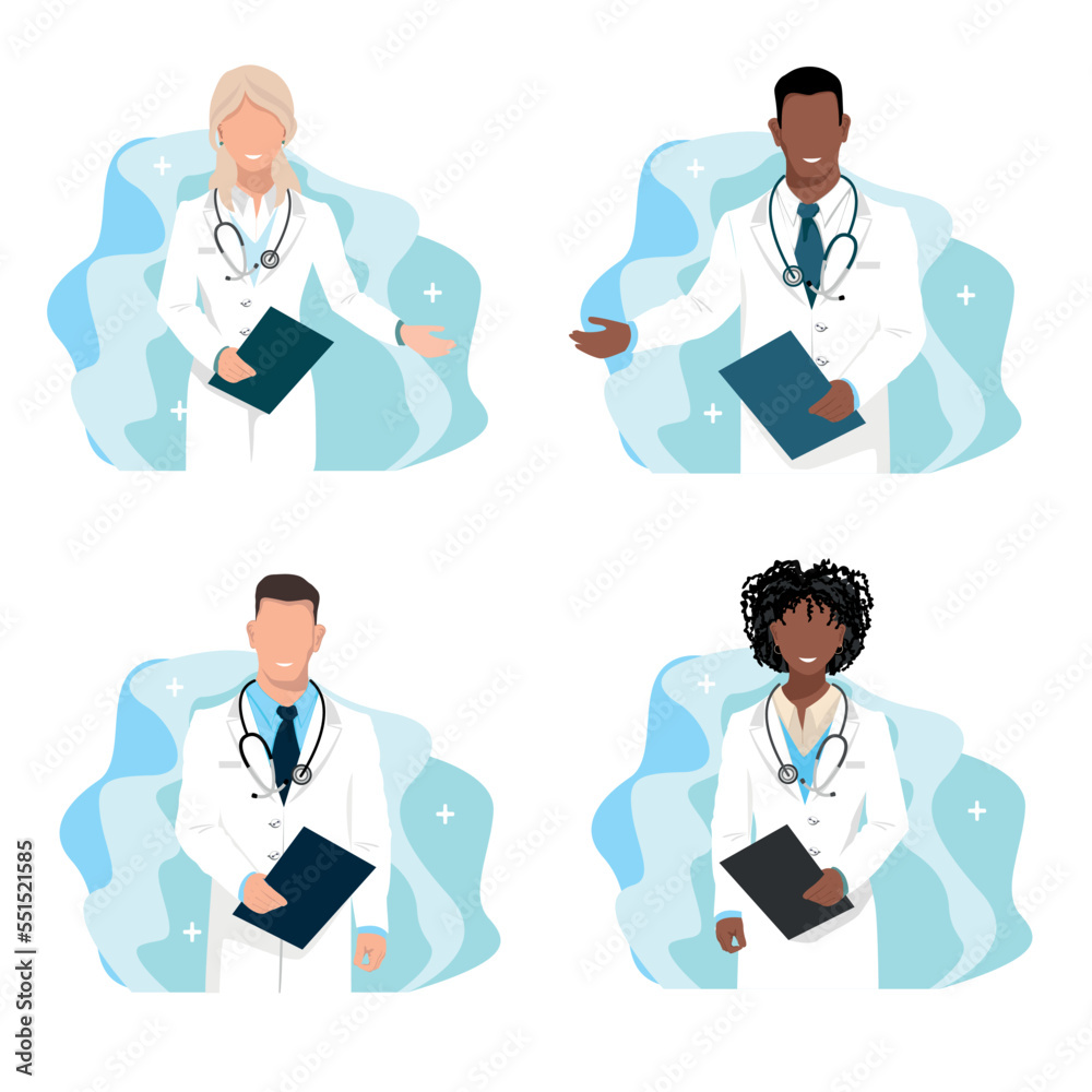 Friendly doctors on abstract background set. Thank you doctors and nurses for helping and saving lives. Medicine and health. Vector illustration horizontal in flat style on abstract background Friendly doctors on abstract background set. Thank you doctors and nurses for helping and saving lives. Medicine and health. Vector illustration horizontal in flat style on abstract background