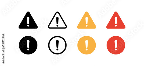 Signs with exclamation marks set icon. Warning, be careful, caution, triangular, round, road traffic, notification, warn, point. Sign concept. Vector line icon in different style on white background