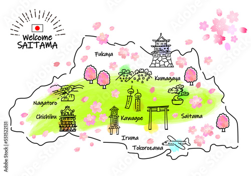 春の埼玉県の観光地のシンプル線画イラストマップ（緑） photo