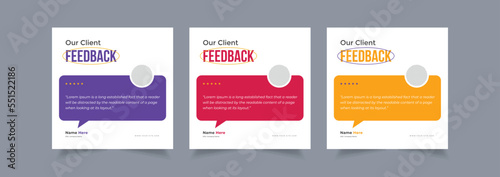 Set of customer feedback social media post design template, client testimonial with square size modern and creative, eps 10