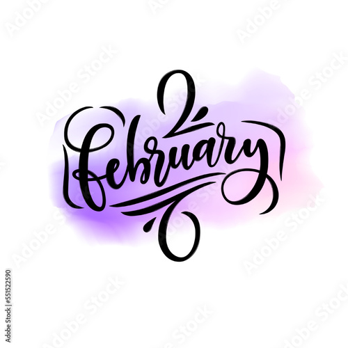 Handwritten calligraphy of winter month FEBRUARY on isolated watercolor background. Vector illustration with lettering. Letters drawn with brush. Calendar typography template. Hello February