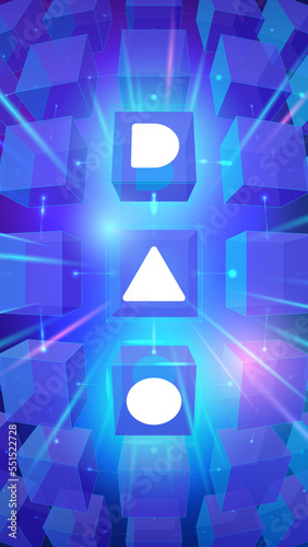 Vector banner with DAO typography on cubes background. Decentralized Autonomous Organisation, cryptocurrency, smart contract, blockchain technology. Vertical template for social media, infographics