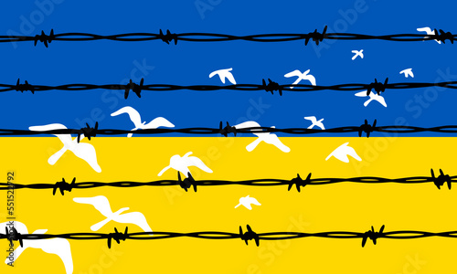 Flying birds in Ukrainian blue and yellow flag colors escaping barbed wire fence. Freedom concept. Hand drawn vector illustration. Pray for Ukraine
