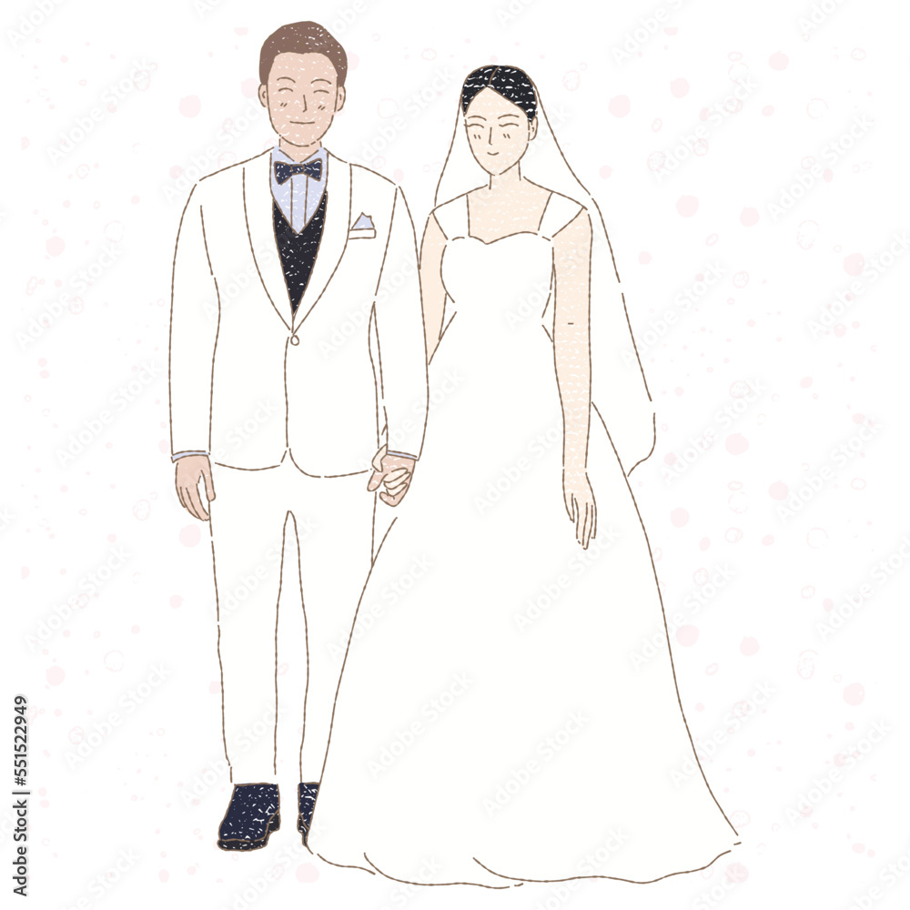 Groom and bride in wedding dress holing their hands. Married couple. Hand drawn flat cartoon character vector illustration in colored pencil texture. Groom and bride in wedding dress holing their hands. Married couple. Hand drawn flat cartoon character vector illustration in colored pencil texture.