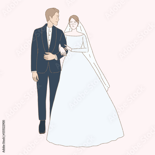 Groom and bride in wedding dress holing their hands. Married couple. Hand drawn flat cartoon character vector illustration in colored pencil texture.