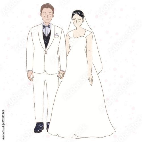 Groom and bride in wedding dress holing their hands. Married couple. Hand drawn flat cartoon character vector illustration in colored pencil texture.