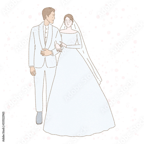 Groom and bride in wedding dress holing their hands. Married couple. Hand drawn flat cartoon character vector illustration in colored pencil texture.