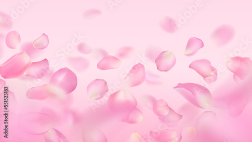 Vector wallpaper of realistic rose petals. Close-up. Template of flying voluminous blurred pink sakura petal with blur effect. Spring floral illustration for background, banner, romantic greeting card
