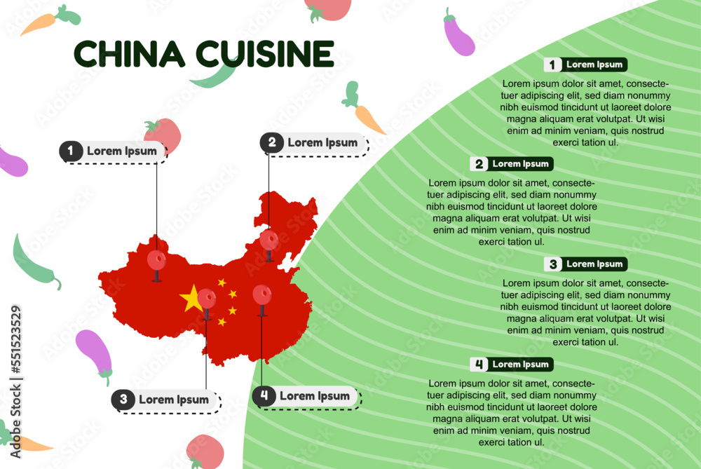 China cuisine infographic, popular or cultural food concept, traditional China kitchen, vector layout and template, famous food locations, banner idea with flag and map