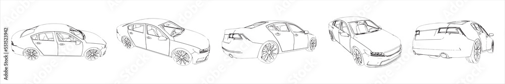 Fototapeta premium Vector conceptual set or collection an urban car sketches from different perspectives as a metaphor for transportation and travel, independence, flexibility and freedom, privacy and safety