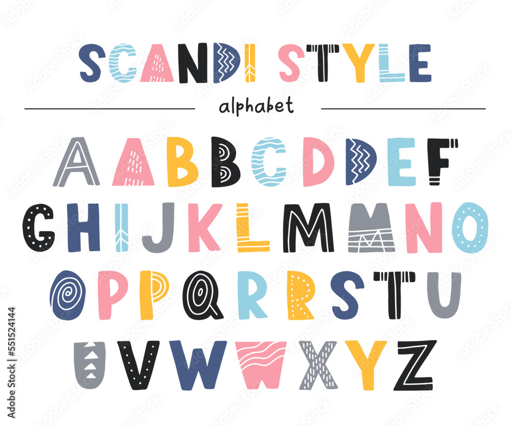 Scandinavian vector alphabet for kids. Hand drawn graphic font. For