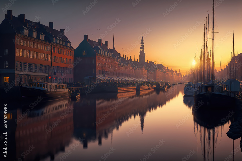 Obraz premium AI generated image of sunrise at beautiful Copenhagen in Denmark