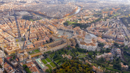 Aerial view of Papal Basilica of Saint Peter in the Vatican located in Rome, Italy. It's the most important and largest church in the world and residence of the Pope. Around it are the Vatican gardens