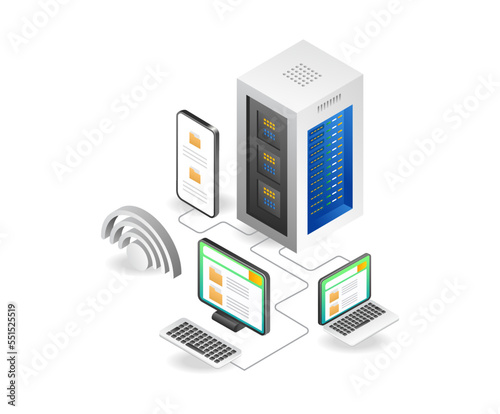 Flat isometric illustration of application data server network concept