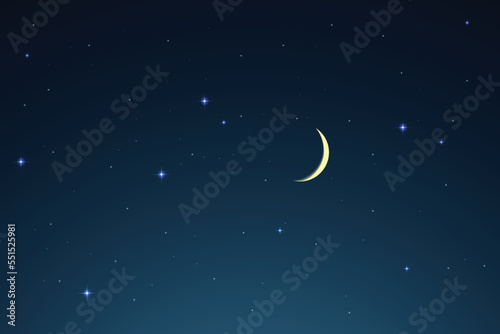 night sky with stars and moon. paper art style. Dreamy background with moon stars and clouds, abstract fantasy background. Half moon, stars and clouds on the dark night sky background.
