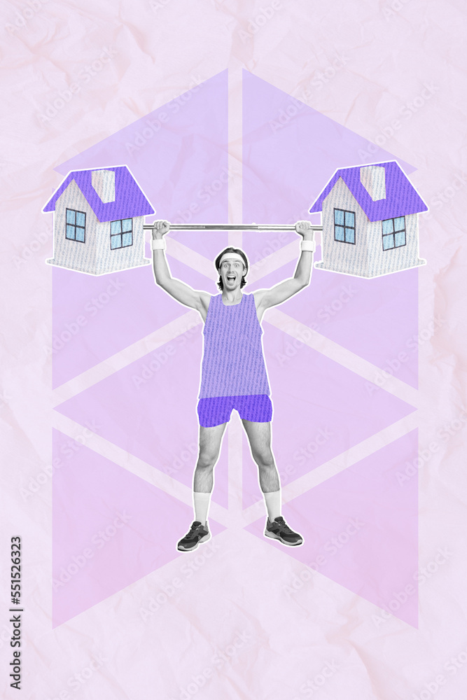 Creative 3d photo collage artwork graphics painting of strong funky funny sporty guy rising two houses barbell isolated drawing background Creative 3d photo collage artwork graphics painting of strong funky funny sporty guy rising two houses barbell isolated drawing background