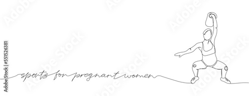 Pregnant woman doing strength exercises one line art with an inscription. Continuous line drawing of pregnancy, sports kettlebell, motherhood, fitness, preparation for childbirth, training.