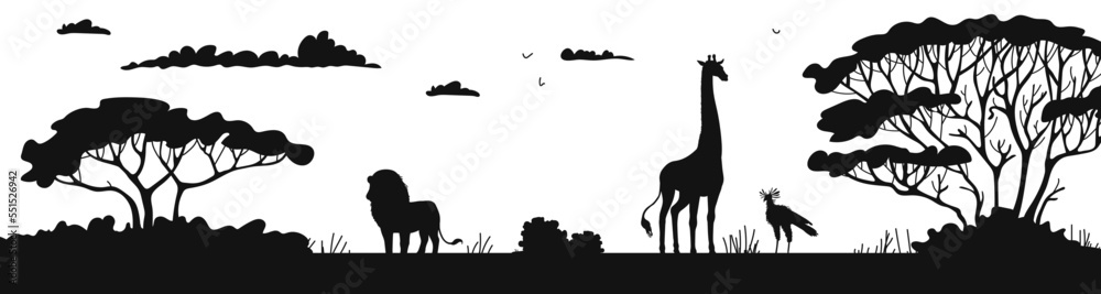 African Landscape With Animals Black Silhouette Vector Illustration 