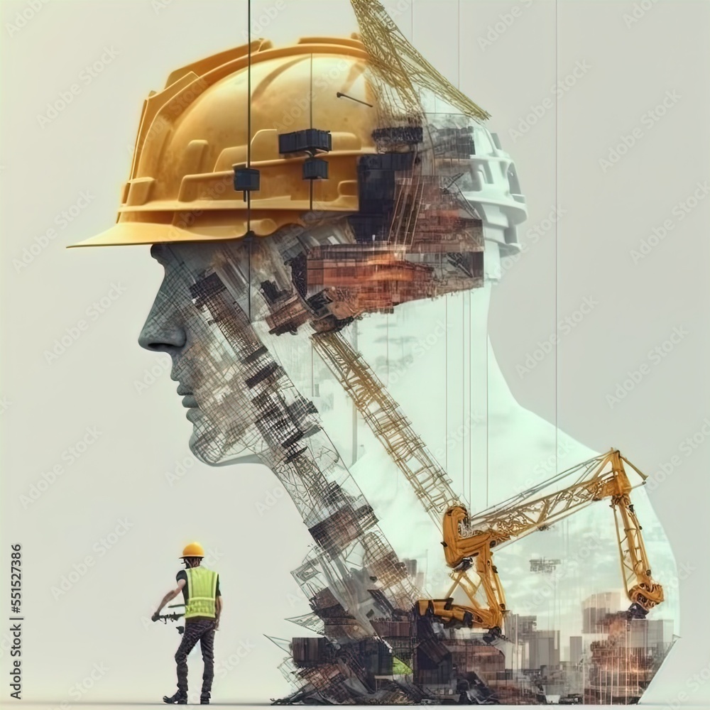 Double exposure photo of man in hard hat in various situations at work. Double exposure photo of man in hard hat in various situations at work.
