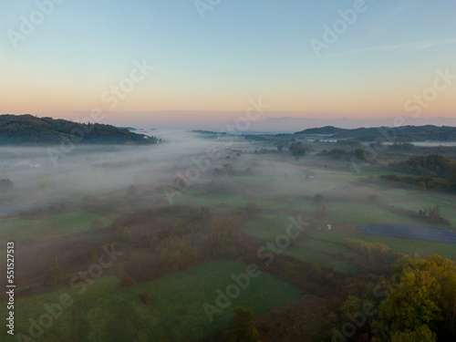 Beautiful drone view of sunrise north Corfu under the Mist