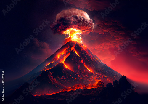Scene Volcano Eruption Illustration. Volcano erupt lava into the air and lava flow.  photo