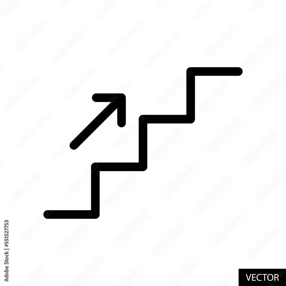 Stairs up sign vector icon in line style design for website design, app, UI, isolated on white background. Editable stroke. Vector illustration. Stairs up sign vector icon in line style design for website design, app, UI, isolated on white background. Editable stroke. Vector illustration.