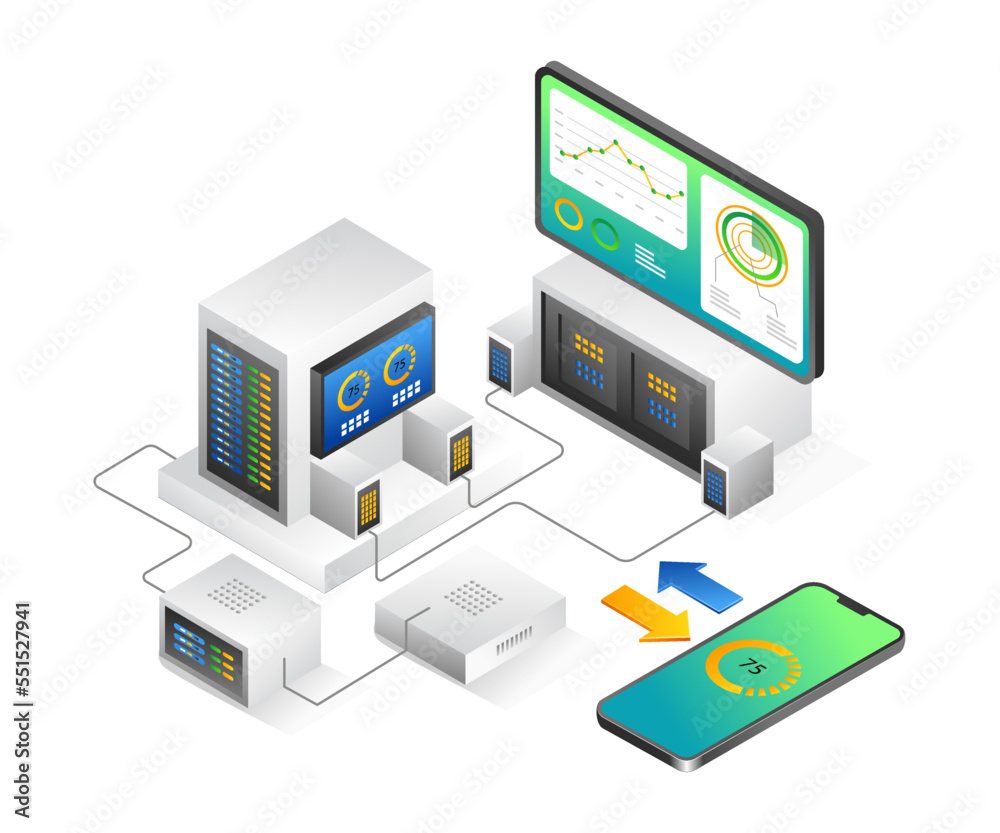 Flat isometric illustration analisa data smarpon server Flat isometric illustration analisa data smarpon server