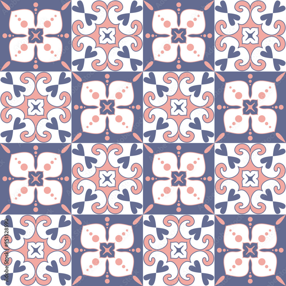 Square mosaic, ceramic tile design purple pink color, ornate arabic moroccan pattern