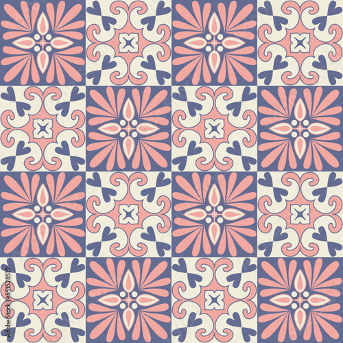 Square mosaic for decorating, ceramic tile design purple pink moroccan pattern, vector illustration
