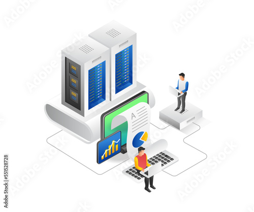 Flat isometric illustration concept of team analyzing server