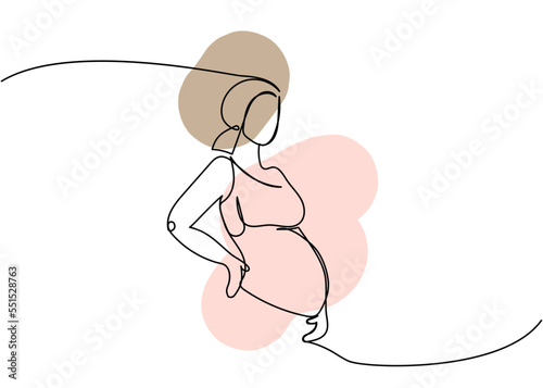 Pregnant woman one line art with colorful elements. Continuous line drawing of pregnancy, motherhood, preparation for childbirth, pregnant model.