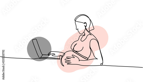 Working pregnant one line art with colorful elements. Continuous line drawing of pregnancy, motherhood, preparation for childbirth, work during pregnancy, working woman, maternity leave.