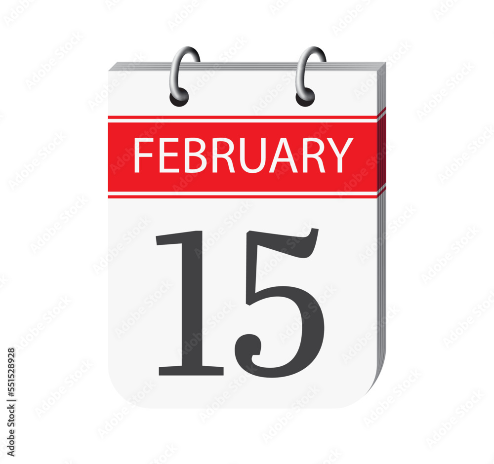 15 february calendar page vector. 3d one day calendar date appointment, event reminder illustration. Abstract three dimensional daily date calendar.
15 february calendar page vector. 3d one day calendar date appointment, event reminder illustration. Abstract three dimensional daily date calendar.