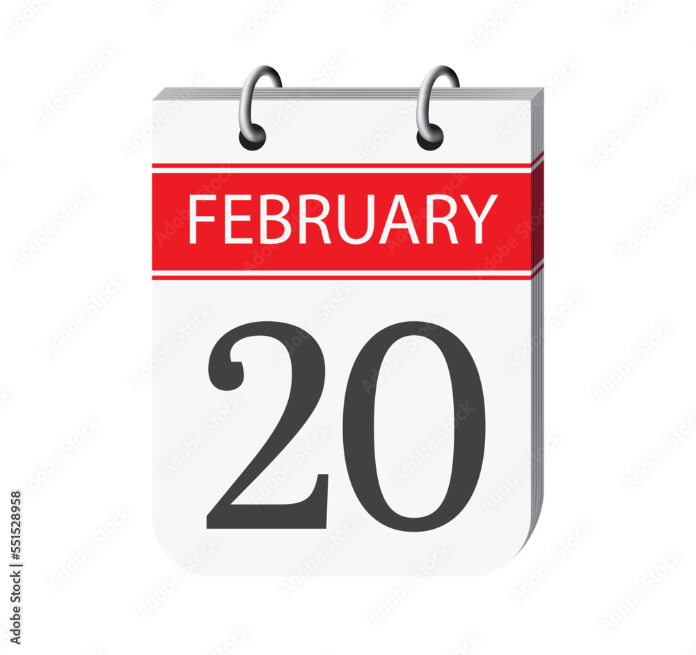 20 february calendar page vector. 3d one day calendar date appointment, event reminder illustration. Abstract three dimensional daily date calendar.
20 february calendar page vector. 3d one day calendar date appointment, event reminder illustration. Abstract three dimensional daily date calendar.