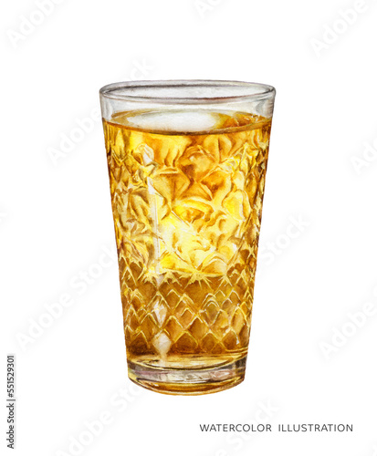 Watercolor illustration of traditional apple wine in a glass isolated on white background. German apple wine in a glass for cider. photo